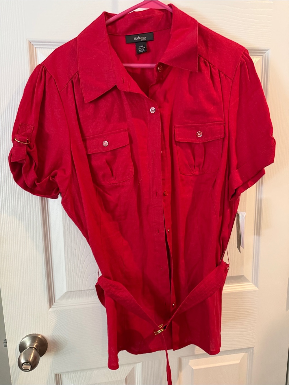 Style & Co Hot Pink Button-Front Utility Shirt with Waist Tie